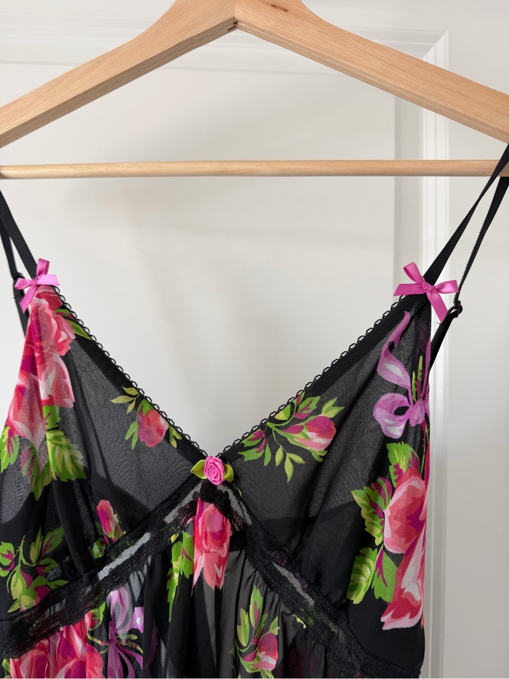 Betsey Johnson Black Sheer Floral Slip with Pink and Green Accents - Picture 3 of 5